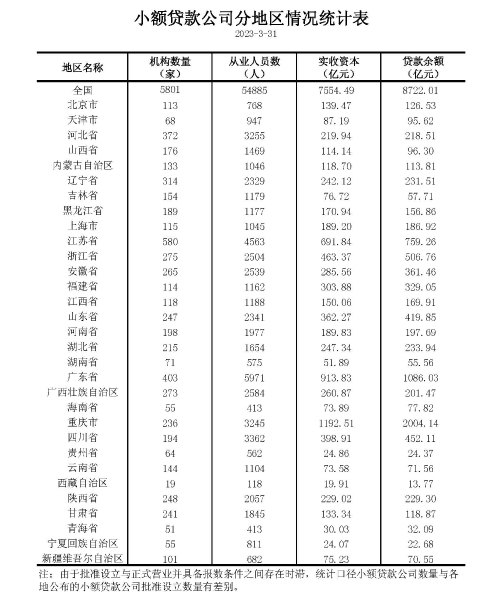 2023年一季度小额贷款公司统计数据陈述